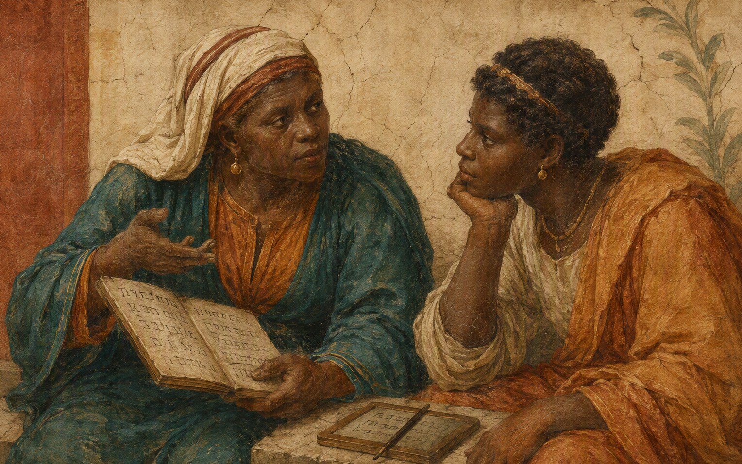 Fresco detail — an elder explaining an open tablet to a younger listener who leans in, a stylus resting between them.