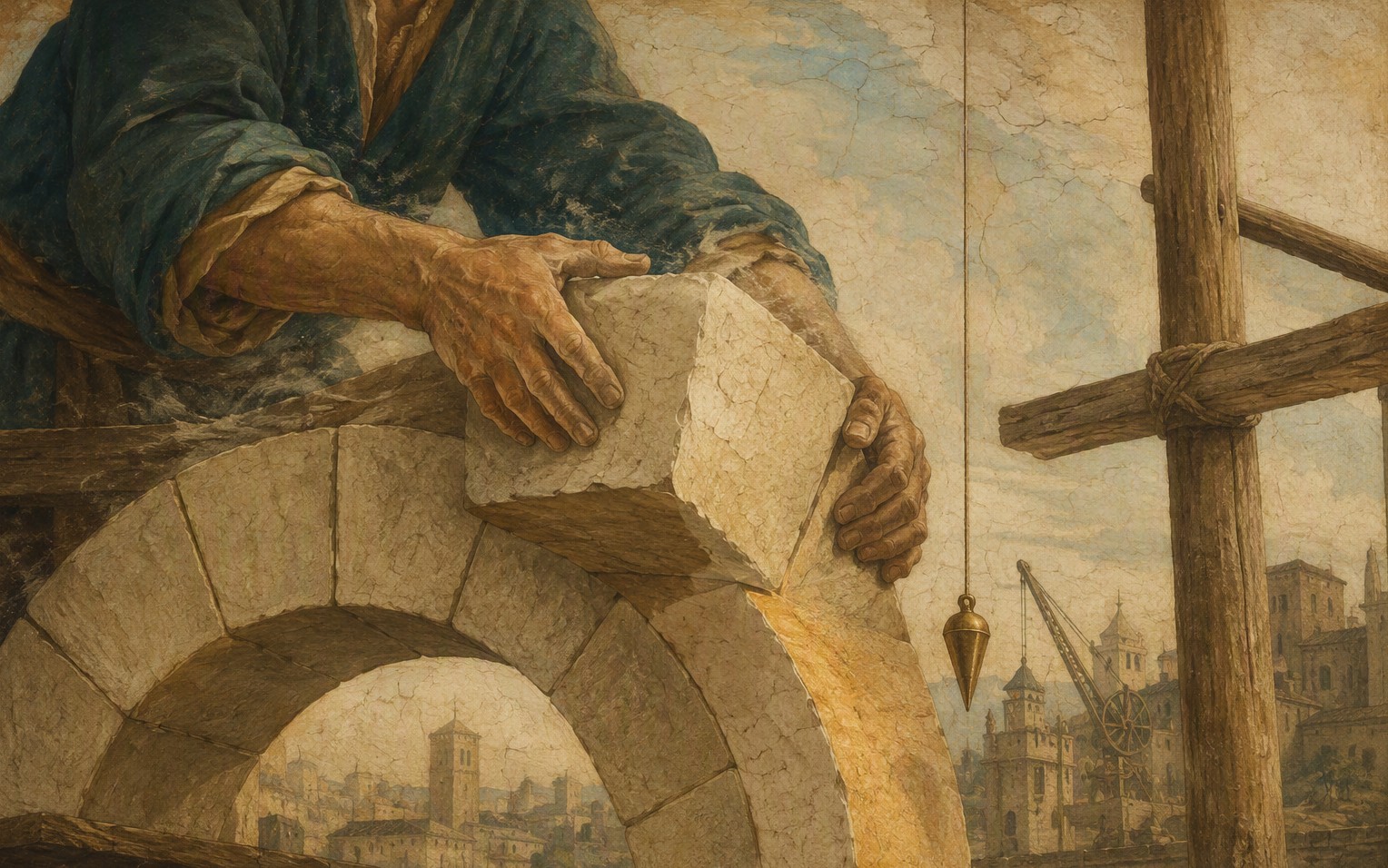 Fresco detail — a stonemason's hands setting a chisel-cut keystone into a rising arch, a brass plumb line hanging beside the scaffolding.