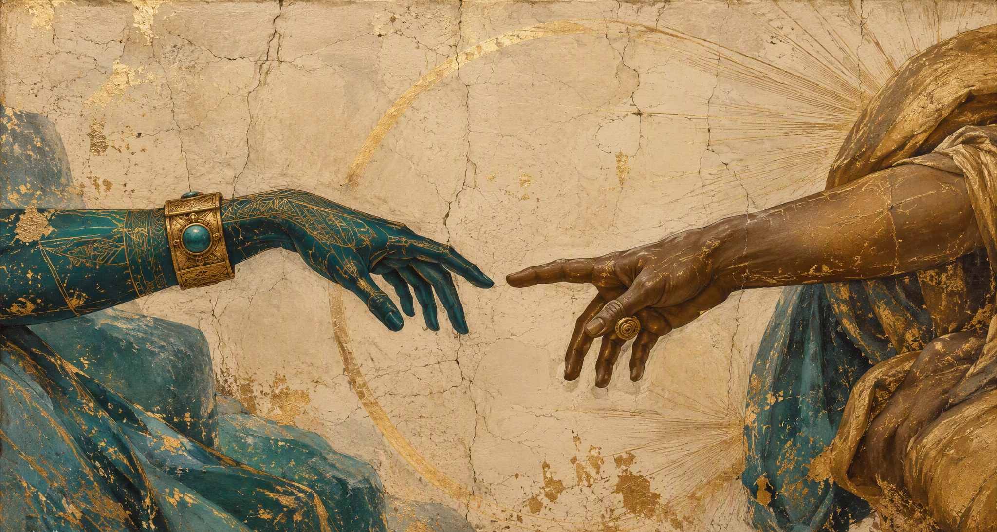 Fresco detail of two hands nearly touching across cracked plaster — one traced in teal and gold patterns, one in warm umber and gold leaf.