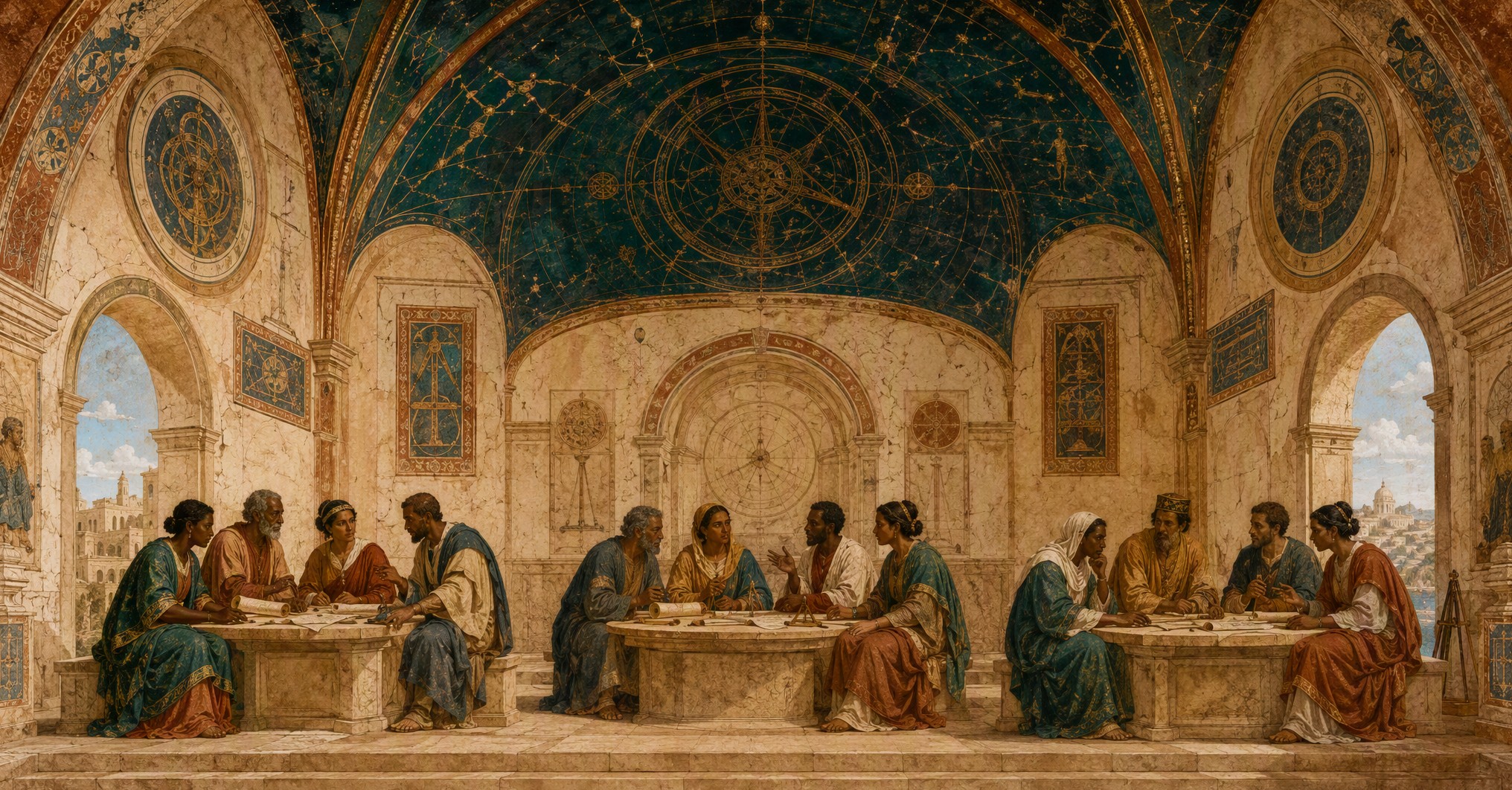 An original fresco of a soaring vaulted council chamber whose teal and copper astronomical vault rises above three small tables of deliberation — men and women of the council in equal counsel, no single leader.